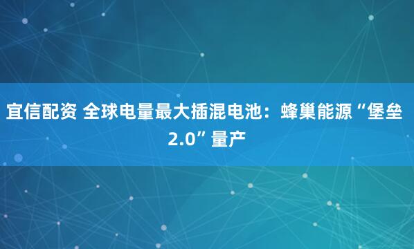 宜信配资 全球电量最大插混电池：蜂巢能源“堡垒 2.0”量产